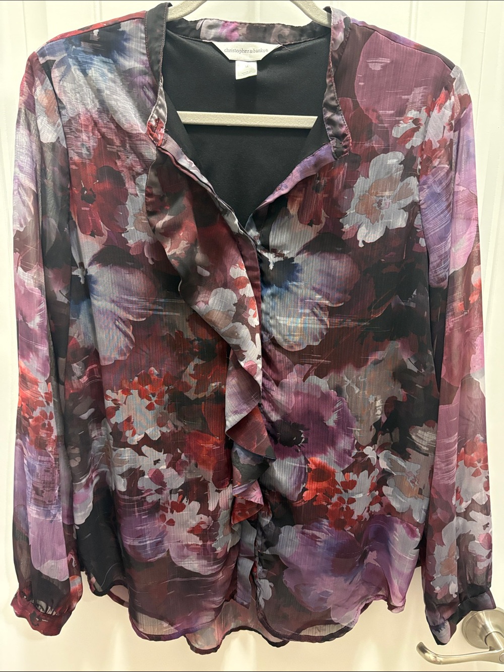 Christopher & Banks Medium Floral Ruffle Sheer Sleeve Blouse Lined
